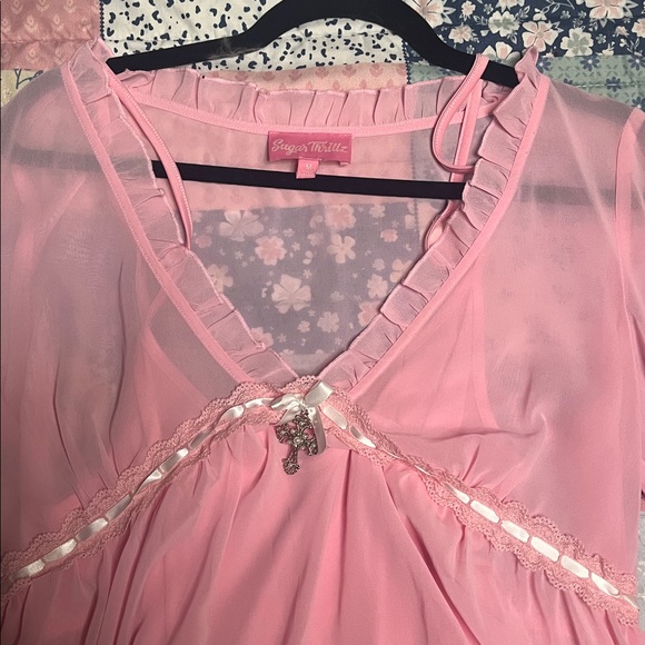 Pink Ruffled Sheer Blouse - Picture 2 of 4